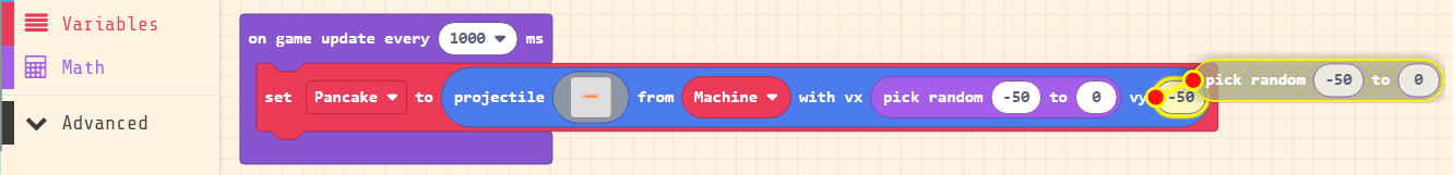 Screenshot of blocks - on game update every 1000ms, set Pancake to projectile from Machine with vx pick random -50 to 0 vy pick random -50 to 0